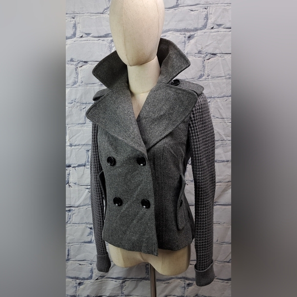 Burberry Women's Pea Coat Jacket Wool Chunky Knit Sleeves Gray Vintage Y2K 4 US - Picture 10 of 16